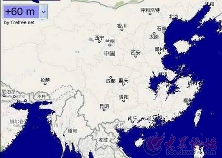 海平面上升60米后的中国版图